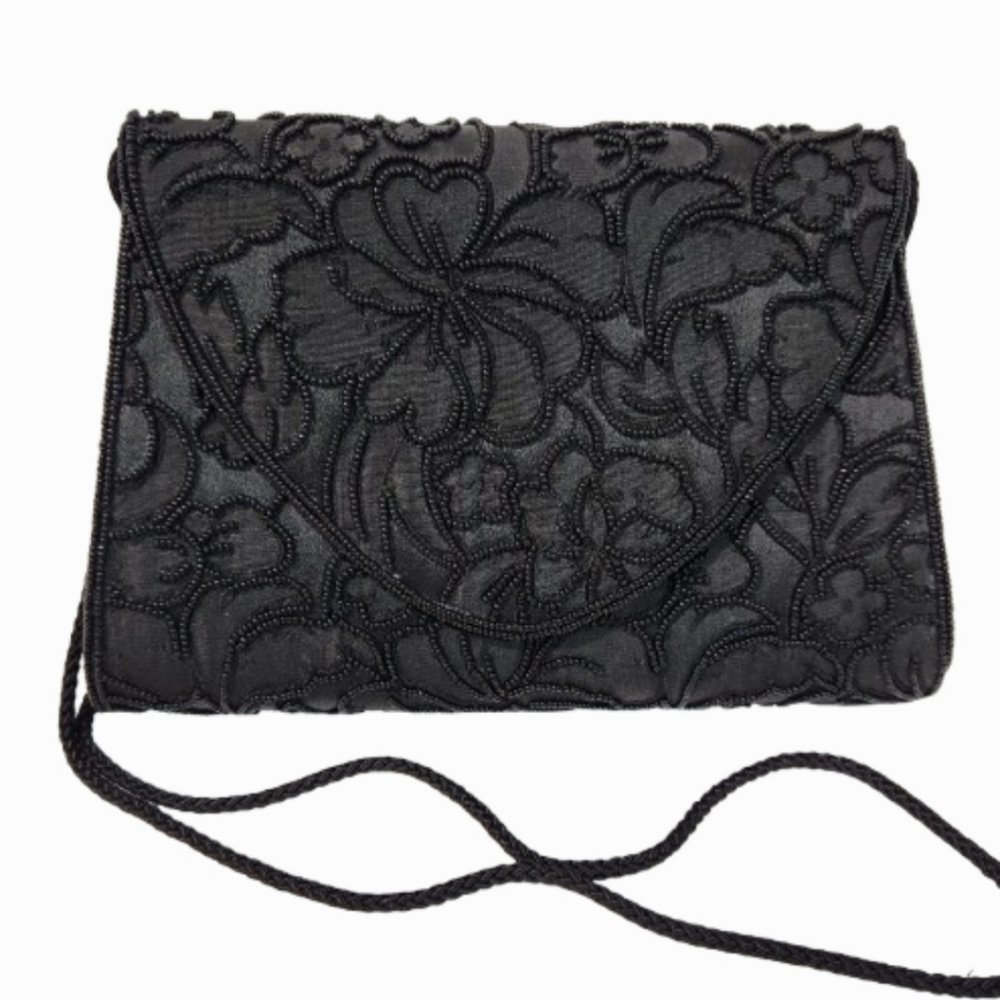VTG Henry Birks Black Beaded Envelope Clutch Bag with Rope Shoulder Strap, 1990s